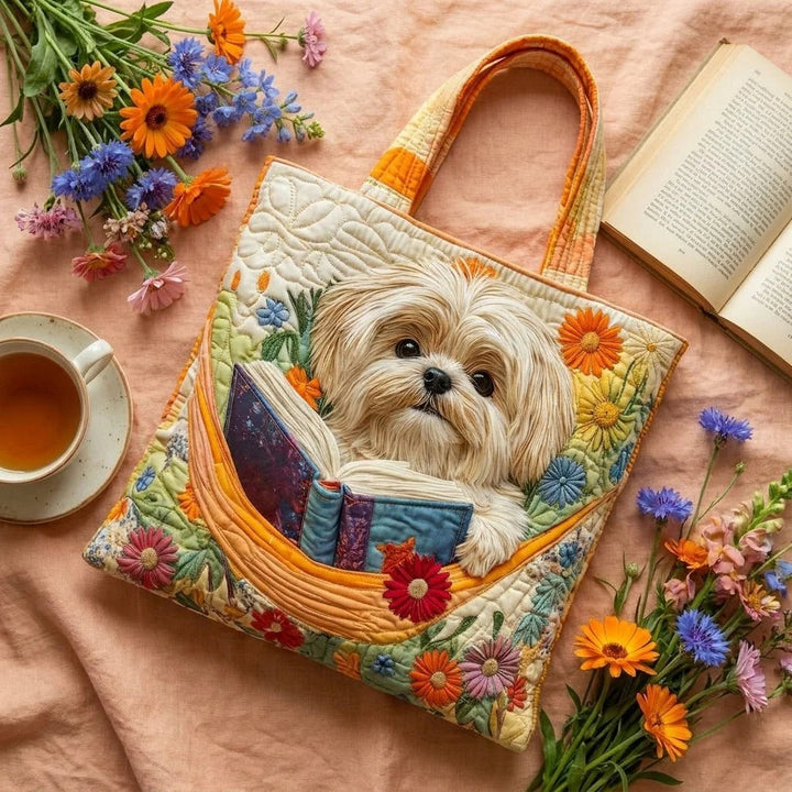 Quilted Tote Bag - Shih Tzu with Books and Flowers