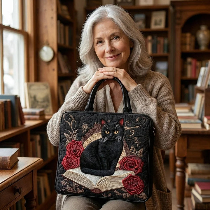 Quilted Tote Bag - Black Cat and Red Roses