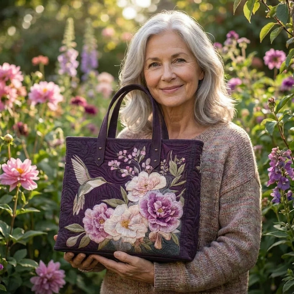 Quilted Tote Bag - Hummingbird and Pink Blooms