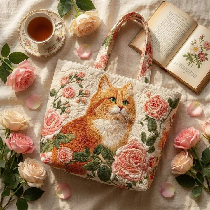 Quilted Tote Bag - Ginger Cat with Roses