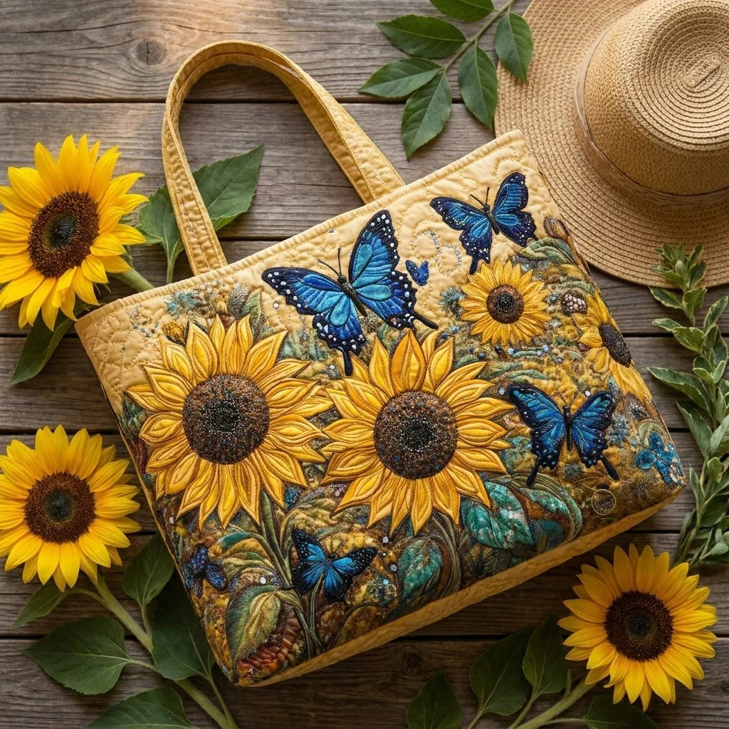 Quilted Tote Bag - Sunflowers and Blue Butterflies