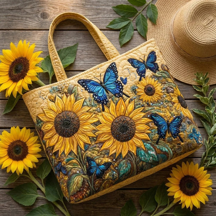 Quilted Tote Bag - Sunflowers and Blue Butterflies