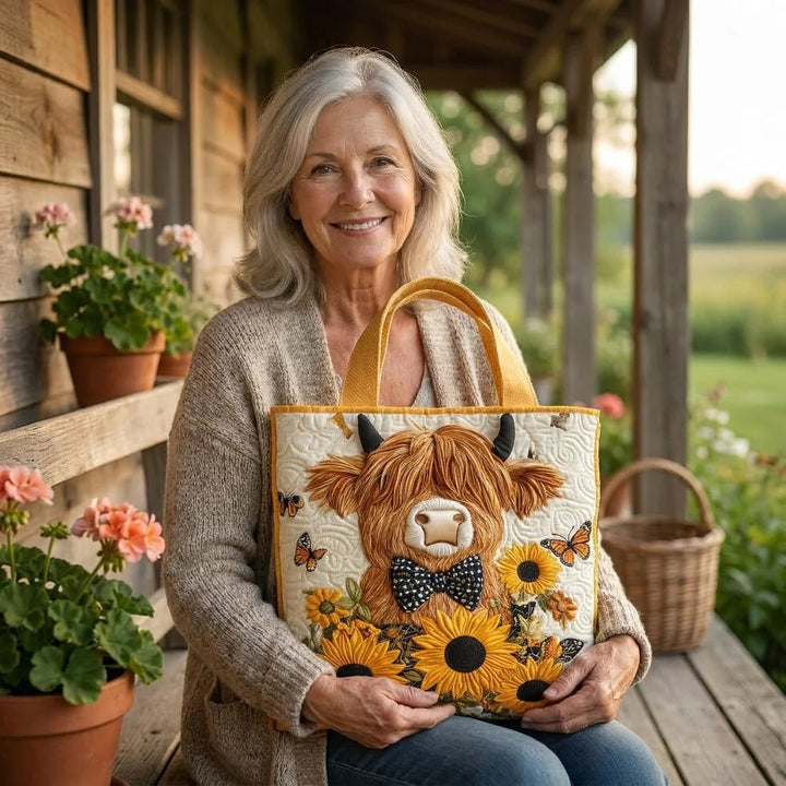Quilted Tote Bag - Highland Cow with Sunflowers