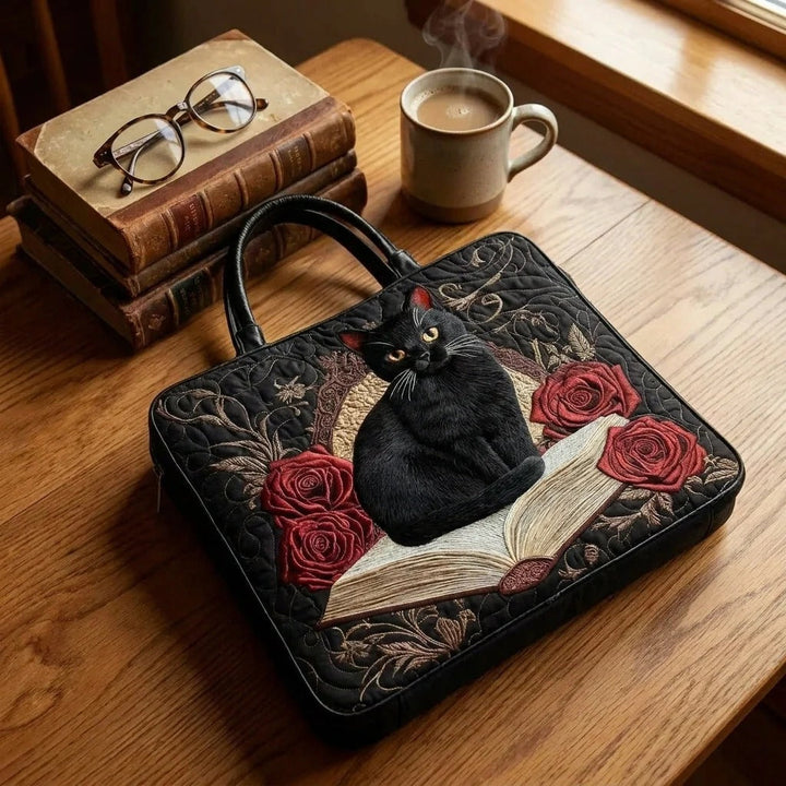 Quilted Tote Bag - Black Cat and Red Roses