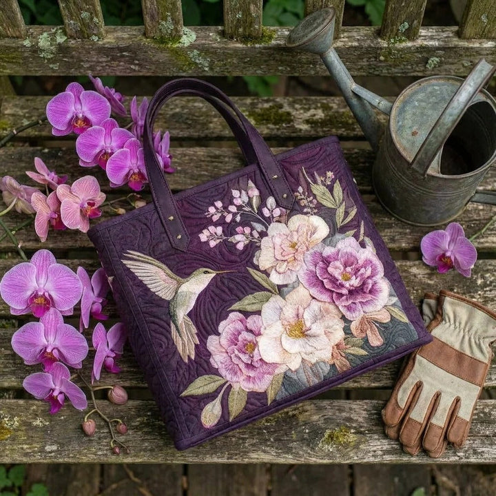 Quilted Tote Bag - Hummingbird and Pink Blooms
