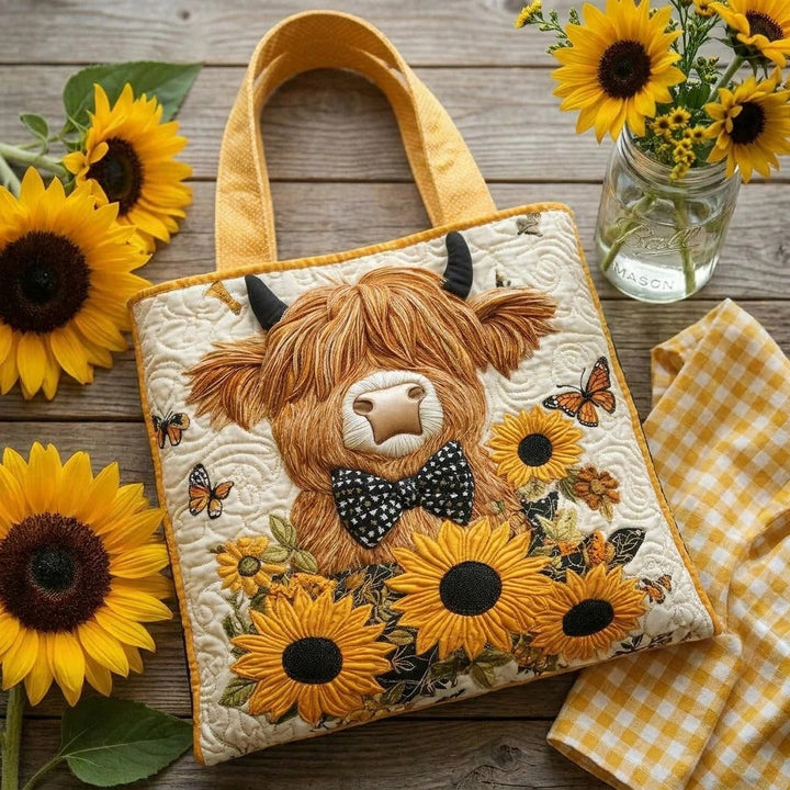 Quilted Tote Bag - Highland Cow with Sunflowers