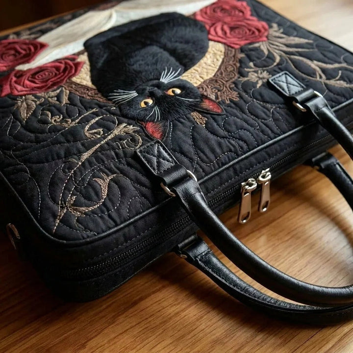 Quilted Tote Bag - Black Cat and Red Roses