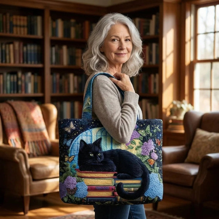 Quilted Tote Bag - Black Cat on Books