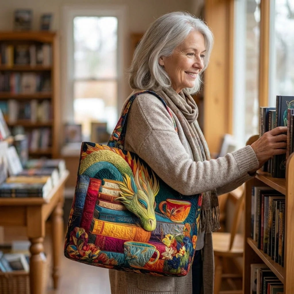 Quilted Tote Bag - Dragon Reader with Books