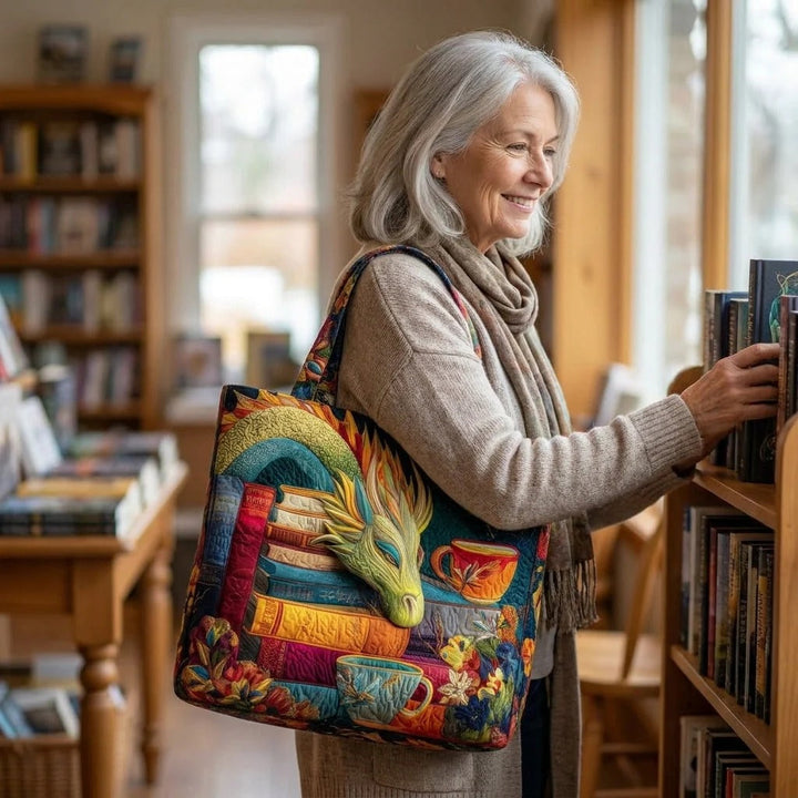 Quilted Tote Bag - Dragon Reader with Books