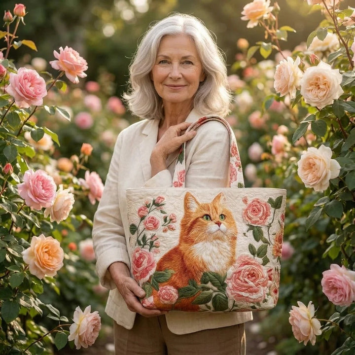 Quilted Tote Bag - Ginger Cat with Roses