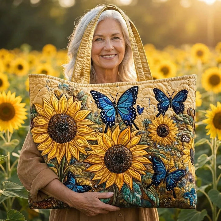 Quilted Tote Bag - Sunflowers and Blue Butterflies