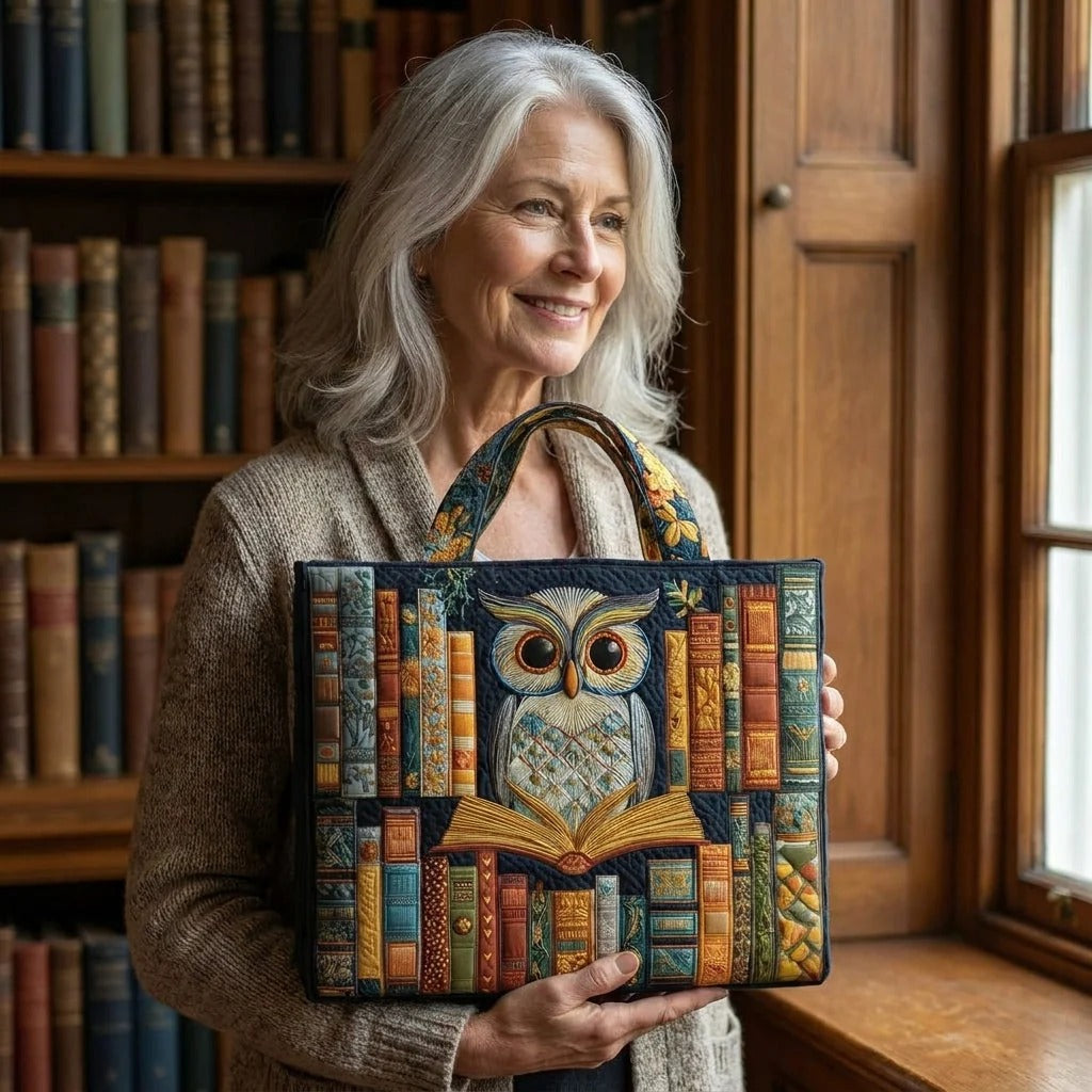 Quilted Tote Bag - Owl and Old Books